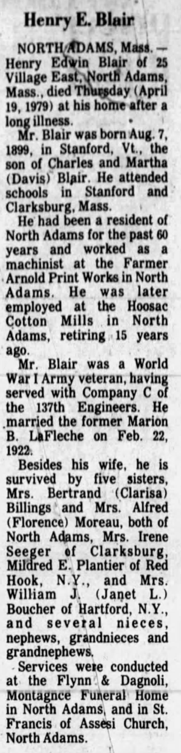 Obituary for Henry E. Blair, 1899-1979